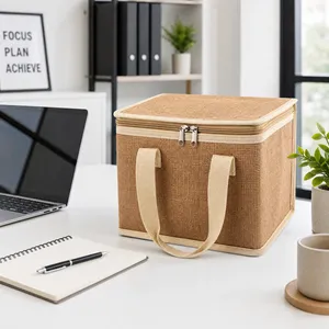 OEM Custom Logo Eco Friendly Reusable Insulated Burlap Handbag for Daily Shopping Camping Lunch Thermal Jute Cooler Bag - Product Image 1