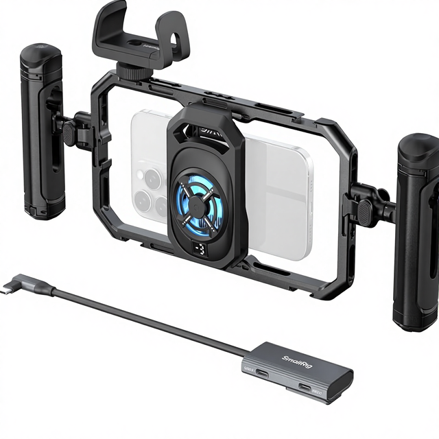 For All-in-One Cooling Dual Handle Phone Cage Kit iPhone 17/16/Android USB-C Hub 4-in-1 2.5-3.1" Phones Live Streaming Made