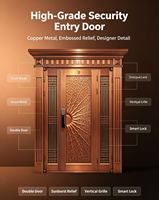 Porte d'entrée double en fonte d'aluminium de style classique européen, finition cuivre antique, sculpture en relief 3D effet soleil, porte principale de villa