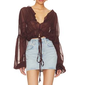 Blusas Cortas de Gasa para Mujer con Cuello con Volantes y Dobladillo con Cordón, Diseño Personalizado de Moda de Verano - Product Image 6