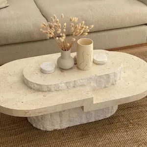 HZX Manufacturers Marble Plinth Cement Side Table Oval Concrete Center Table Marble Stone Travertine Coffee Table