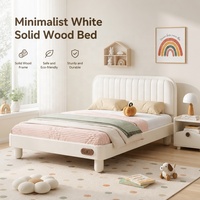 Cama Infantil de Madera de Roble Macizo de Primera Calidad, Pintura Ecológica a Base de Agua, Cuero Blanco a Rayas, Muebles Modernos y Elegantes para Niños y Niñas