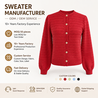 Cardigan décontracté d'hiver pour femme, rouge vif, à texture horizontale, col rond, manches bouffantes, boutons classiques