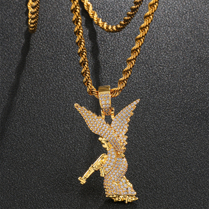 Bijoux Vintage Nouveaux Designs Hip Hop Glacé Angle Pendentif pour Hommes Religieux Bling Cubique Zircon <span class=keywords><strong>Ange</strong></span> avec Pistolet Pendentif Collier - Product Image 1