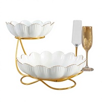 Plateau à fruits double couche en porcelaine fine avec support, incrustation dorée, style luxe léger, pour la maison