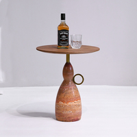Table d'appoint ronde en bois avec plateau en travertin, petite table basse, table d'appoint pour salon, décoration pour bureau ou salon