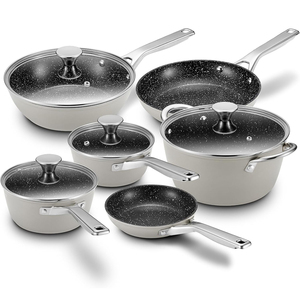 Juego de Utensilios de Cocina Moderno de 10 Piezas de Aleación de Aluminio con Tapas de Vidrio, Revestimiento Cerámico Antiadherente, Asas de Acero Inoxidable, Apto para Inducción y Horno - Product Image 1