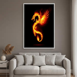 Elegant Fire Dragon Print: <b>Black</b> Wall Art Canvas Artwork,WHITE <b>FRAMED</b> CANVAS - Product Image 3