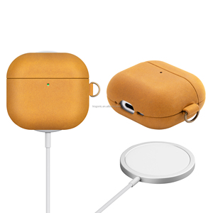 Étui en cuir de vachette véritable Crazy Horse pour <span class=keywords><strong>Airpods</strong></span> 4, style Indiana-Jones, LED avant visible, marron clair - Product Image 4