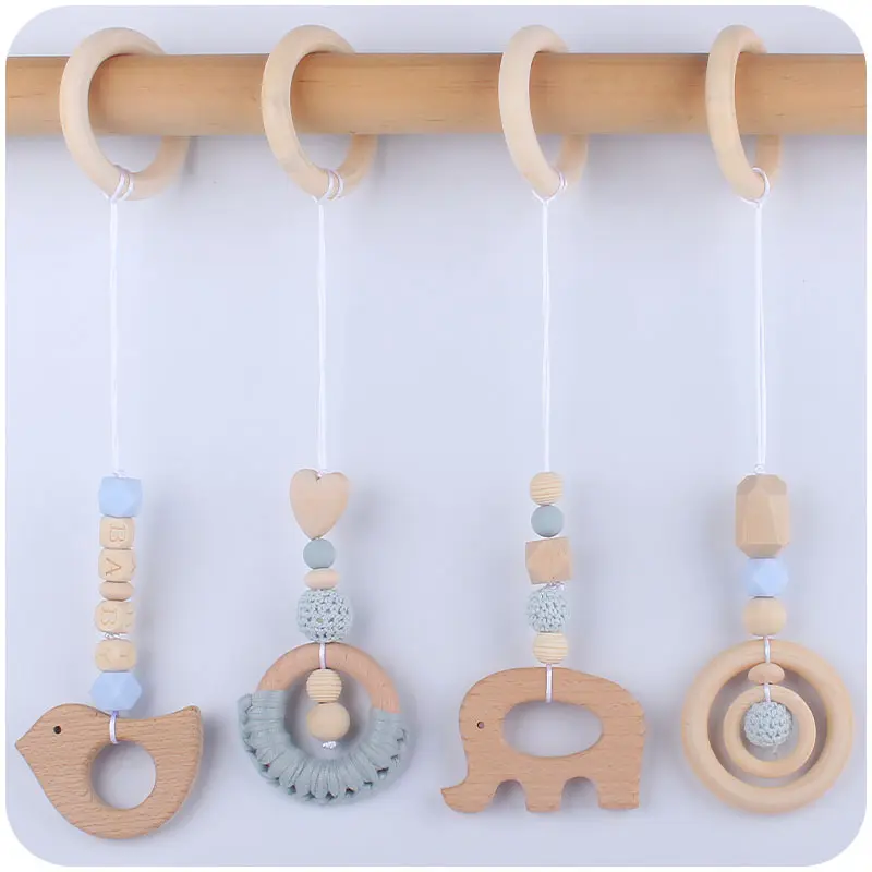 4 adet/takım Boho yenidoğan hediyeler bebek spor salonu ahşap oyuncaklar ahşap asılı oyuncak hayvan kolye diş kaşıyıcı halka hemşirelik çıngırak oyuncaklar