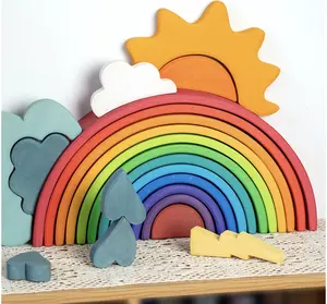 Mainan Susun Blok Pelangi Kayu Besar Anak-anak, Blok Bangunan Kayu untuk Anak-anak Montessori