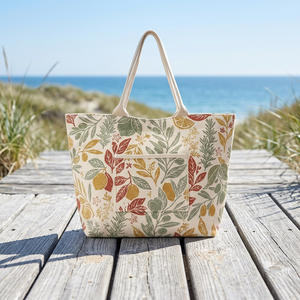 Cotton Shopping Bag with Multicolor <b>Botanical</b> Leaf <b>Print</b> Cotton Shopping Tote Bag with Long Handles - Product Image 3