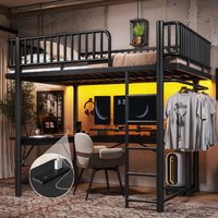 Lit mezzanine moderne en métal pleine taille avec bureau, station de charge, éclairage LED, tringle suspendue et rangement pour appartement et dortoir ODM OEM