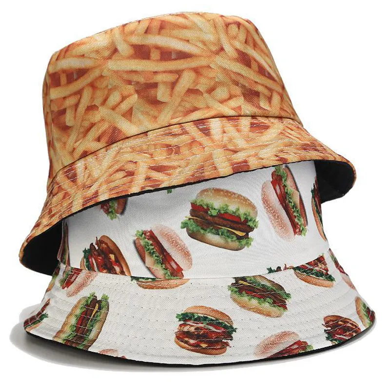 Chegada nova Engraçado Cap Pescador Chips de Hamburgo Sushi Alimentos Lanches Carne Peixe Imprimir Reversível Verão Bucket Hat Caps