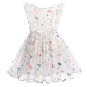 Butterfly Lace Tulle Midi Dresses Baby Girls Flutter Sleeve Square Neck Casual Zipper Back Summer Dress