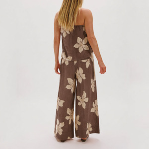 Ensemble pantalon et haut en lin et coton, style décontracté, imprimé floral, coupe ample, sans bretelles, design d'usine, personnalisable - Product Image 3