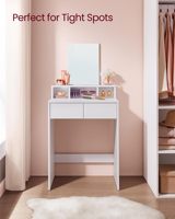 Table de toilette blanche moderne avec grand miroir, 2 tiroirs, 3 compartiments
