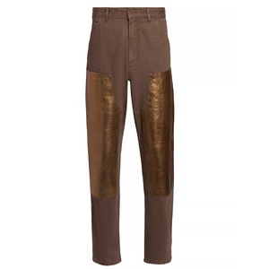 Jeans dorés en coton à effet délavé avec paillettes pour hommes <span class=keywords><strong>Pantalon</strong></span> décontracté d'extérieur à jambe droite avec effet enduit de papier d'aluminium à double genou - Product Image 2
