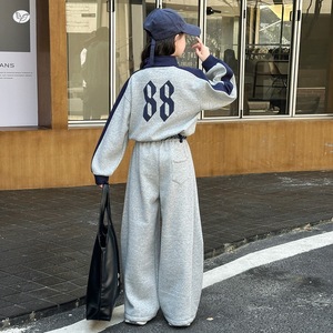 Ensemble de sport pour filles 2025 automne nouveau sweat court à blocs de couleurs ruban <span class=keywords><strong>pantalon</strong></span> large ensemble deux pièces pour les enfants plus âgés - Product Image 5