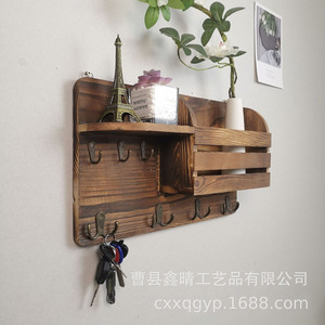 Retro Wooden Wall Mounted Key Rack With <b>Hooks</b> And <b>Shelf</b> For Coat Backpack Storage Organizer - Product Image 3
