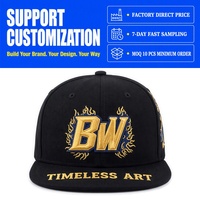 Gorra de Algodón Negra Lisa con Logotipo de Llama Bordado Personalizado, 6 Paneles, Visera Plana, Transpirable, Deportiva