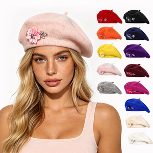 Boinas de Lana Francesas de Color Sólido, Gorro Clásico de Invierno, Boina con Decoración Floral para Mujer - Product Image 2