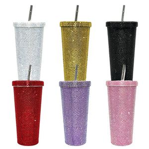 Tasses isothermes en acier inoxydable de 500 ml et 750 ml, 8 couleurs, avec paille, motif diamant uni - Product Image 2
