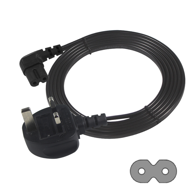 UK TV Power Cable 3M British 3pin Plug to Right Angle IEC C7 Socket Suitable for Awkward Space Figure 8 Power Cable Black