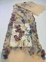 Tissu en dentelle brodée florale 3D avec perles et paillettes, 100% polyester, sans élastique, élégant, luxueux, pour robe de mariée