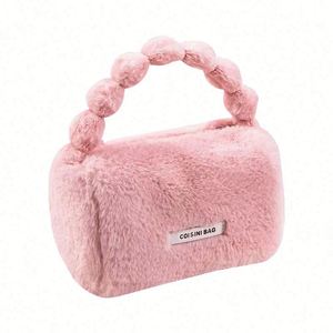 Sac à maquillage en fausse fourrure de lapin couleur bonbon pour l'automne et l'hiver, sac à main portable mignon rose en peluche, sac fourre-tout pour femme - Product Image 1