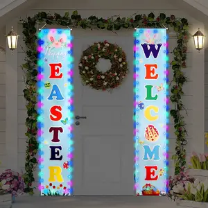 欢迎兔子和鸡蛋复活节门廊标志横幅，带彩色发光二极管灯串装饰