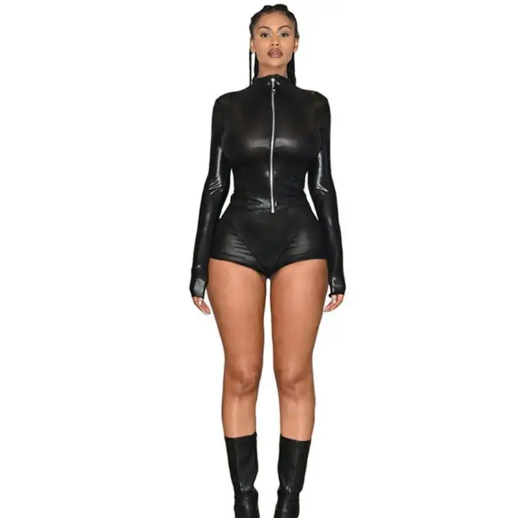 Autumn Long Sleeve Zipper Jacket Leather Outfits Fall Outfits Leather Tight Shorts Set