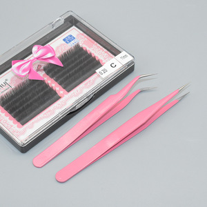 Pince à épiler rose pratique, en acier inoxydable, pour greffage de fleurs, extensions de cils, pointes droites et courbées, pince à épiler de beauté - Product Image 1