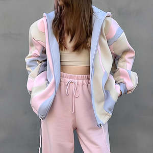 ODM/OEM Women's Luxury Oversize <b>Sweatshirt</b> Heavyweight Organic Cotton Color Block Boxy <b>Full</b> <b>Zip</b> up Hoodie - Product Image 3