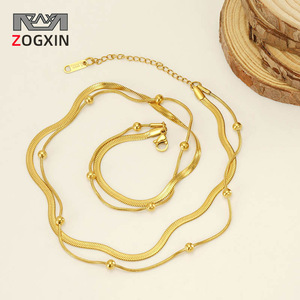 Zogxin Gold Double Layer Necklace 18K Purity Blade Chain Beaded Design For Women Fashion Jewelry - Product Image 1