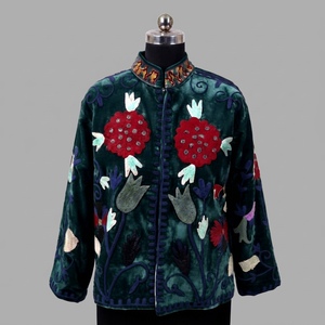 Chaqueta Suzani Verde Oscuro, Chaqueta Bordada a Mano para Mujer, Chaqueta Vintage con Bordado Suzani Indio, Chaqueta Étnica Tribal Boho - Product Image 1