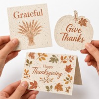 Carte en papier semence pour Thanksgiving avec illustration de blé et forme de citrouille