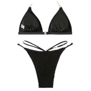 Conjunto de Bikini Negro Sólido para Mujer, con Tirantes Cruzados, Tanga, Traje de Baño, Sujetador Triangular, para Vacaciones en la Playa, Forro de Poliéster Elástico - Product Image 5