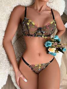 Damen Dessous-Set, sexy Unterwäsche, Push-up-BH mit Bügel und 3D-Blumenstickerei aus Spitze, mit passendem G-String-Höschen - Product Image 3