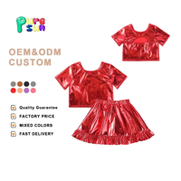 Ensemble de vêtements pour enfants, jupe métallisée brillante, couleur unie, en cuir PU, style sportif, chemises d'été pour enfants
