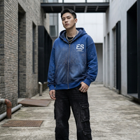 Sweat à capuche zippé Premium délavé à la pierre avec strass dégradés, impression de logo personnalisé, épaules tombantes, coupe oversize, streetwear homme