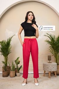 Pantalon de détente en coton rouge pour femme, style legging décontracté et confortable, taille élastique, coupe décontractée, bas de tenue tendance - Product Image 3
