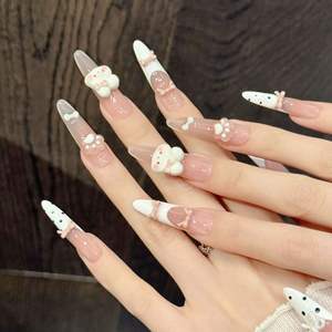 10 <span class=keywords><strong>Uñas</strong></span> Postizas 3D con Diseño de Conejo, Punta Francesa Blanca, Rosa, Larga, Almendrada, Hechas a Mano, Decoración de Garras de Gato - Product Image 4