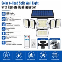Lampe solaire murale à 6 têtes 366 LED avec double capteur de mouvement PIR et télécommande, IP44, pour extérieur