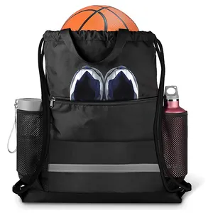 Drawstring बैग बैग निविड़ अंधकार काले वापस ज़िप जेब के साथ पीई जिम चिंच बोरी ढोना बास्केटबॉल फुटबॉल स्ट्रिंग बैग तैरना बैग