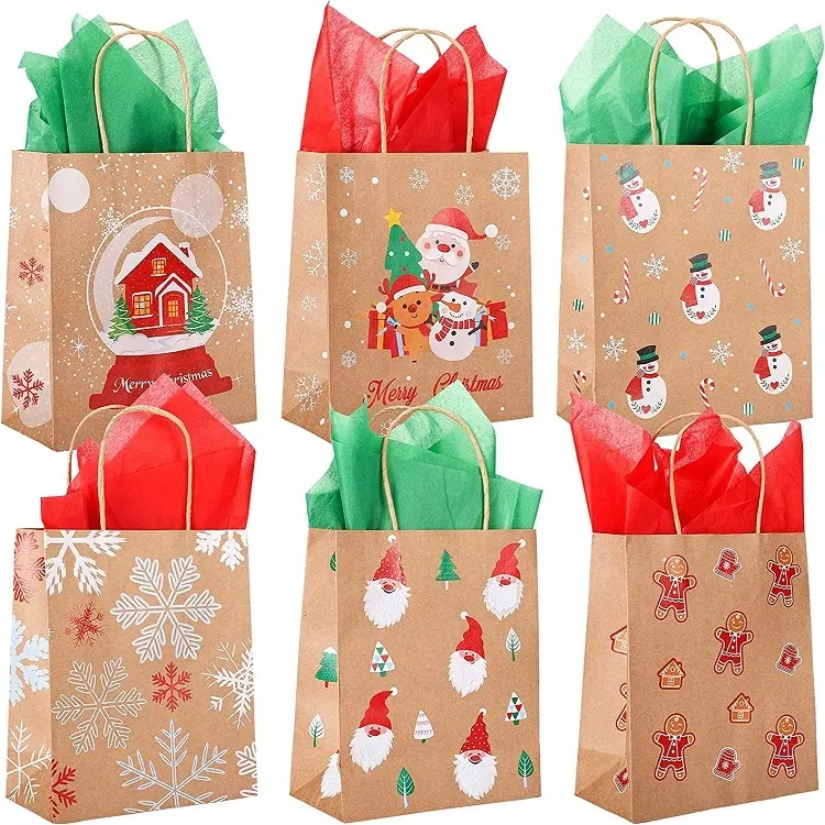 Wholesale Christmas Holiday Classic Varieties Party Decorative Kraft Paper Gift Bags With Handle