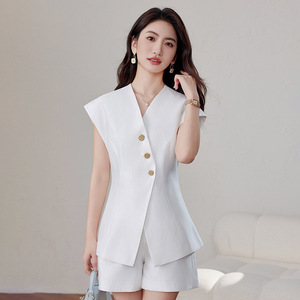 Women's Sleeveless V-Neck <b>Blazer</b> <b>Set</b> With Buttons Solid Color Crepe Fabric Casual Suit For Summer 2025 - Product Image 1