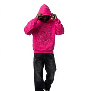 เสื้อฮู้ดดี้พิมพ์ลายใยแมงมุมแบบหนา 480 กรัม สำหรับผู้ชาย ตกแต่งด้วยลายกราฟิกคริสตัล สไตล์ Y2K สตรีทแวร์ ทรงโอเวอร์ไซส์ ผ้าฝ้าย - Product Image 1