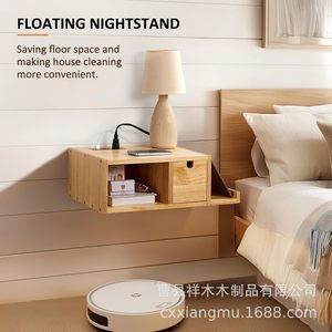 Wooden Bedside Storage <b>Shelf</b> With Drawer Solid <b>Pine</b> Natural Color Floating Nightstand Bedroom Organizer - Product Image 2