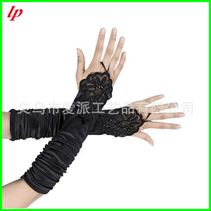 Gants en dentelle plissés en satin noir sans doigts avec perles pour <span class=keywords><strong>mariage</strong></span> et cérémonie nuptiale - Product Image 1